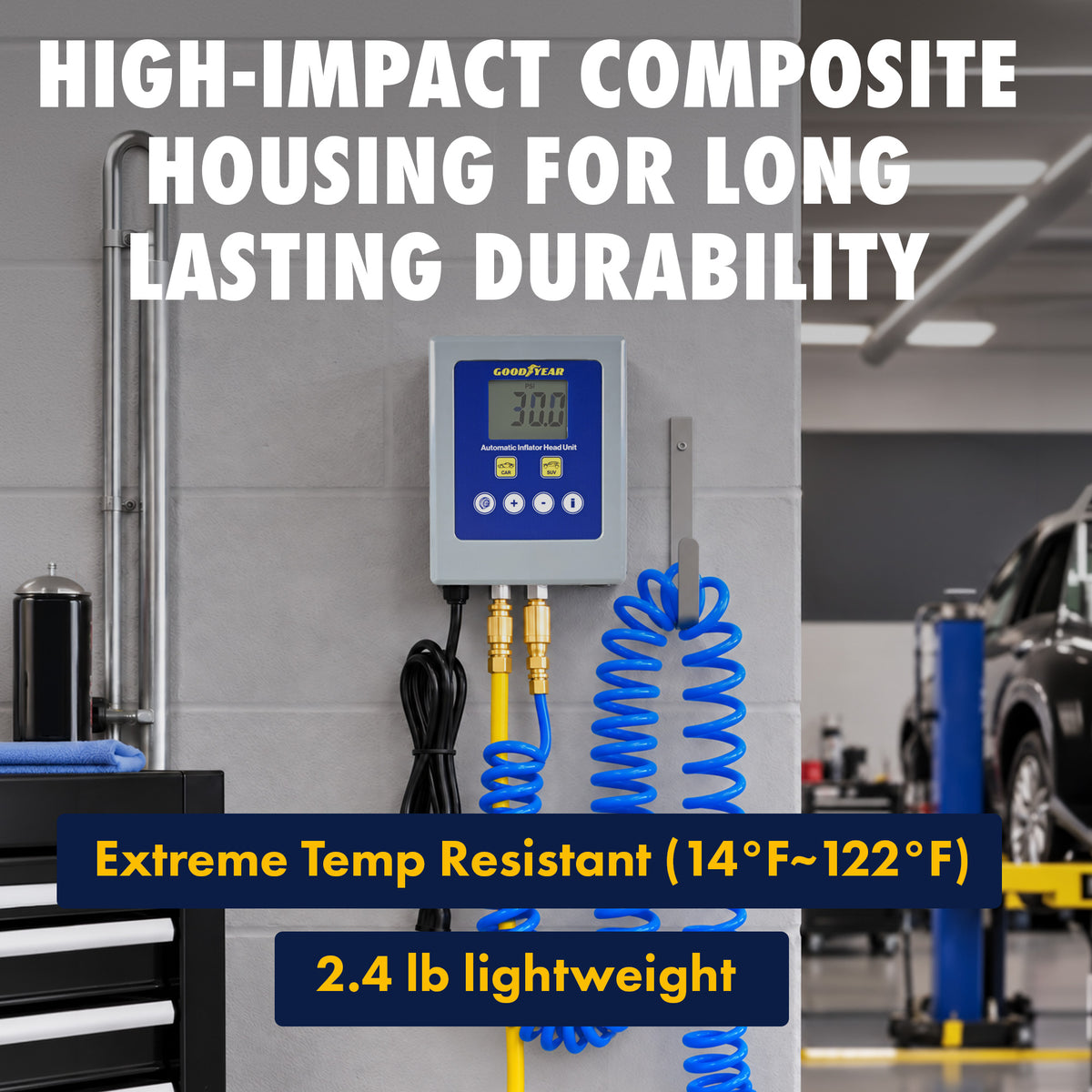Goodyear Automatic Inflator Head Unit – Wall-Mountable Digital Tire Pressure Controller, 7–174 PSI, ±0.3 PSI Accuracy, 29.5 ft Air Hose, 110–240V AC, Air Compressor Required