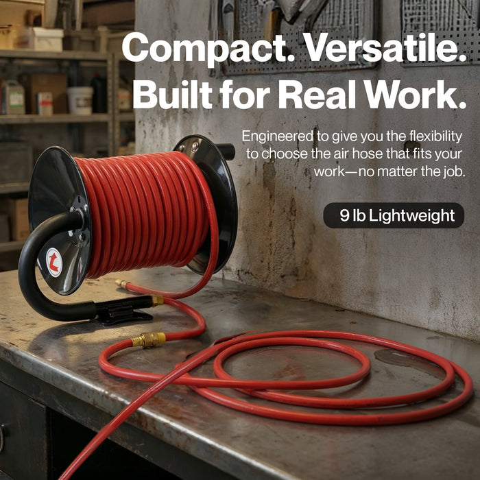 ReelWorks Mountable Manual Hose Reel Crank - Fits up to 100' Ft of 3/8" Air Hose, Max 300 PSI