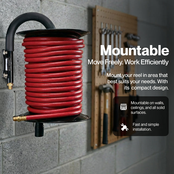ReelWorks Mountable Manual Hose Reel Crank - Fits up to 100' Ft of 3/8" Air Hose, Max 300 PSI