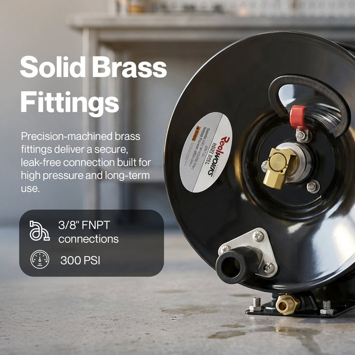 ReelWorks Mountable Manual Hose Reel Crank - Fits up to 100' Ft of 3/8" Air Hose, Max 300 PSI