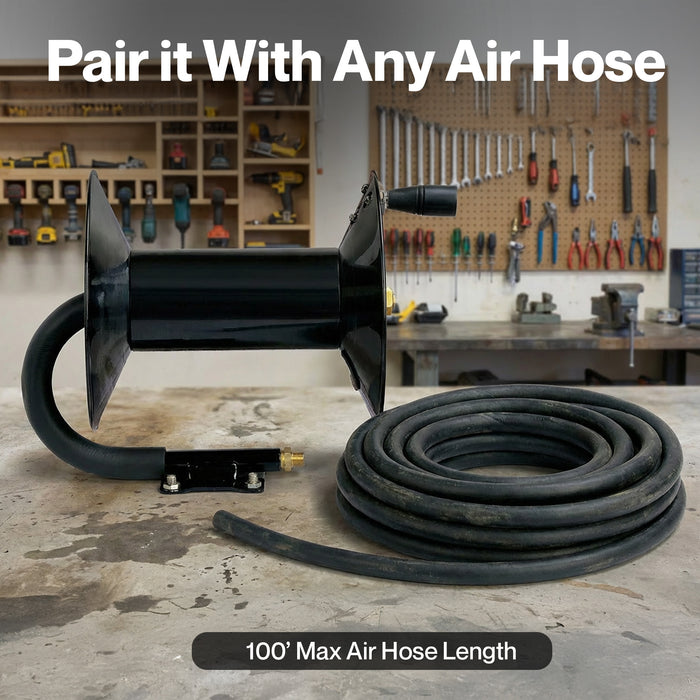 ReelWorks Mountable Manual Hose Reel Crank - Fits up to 100' Ft of 3/8" Air Hose, Max 300 PSI