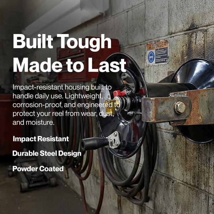 ReelWorks Mountable Manual Hose Reel Crank - Fits up to 100' Ft of 3/8" Air Hose, Max 300 PSI