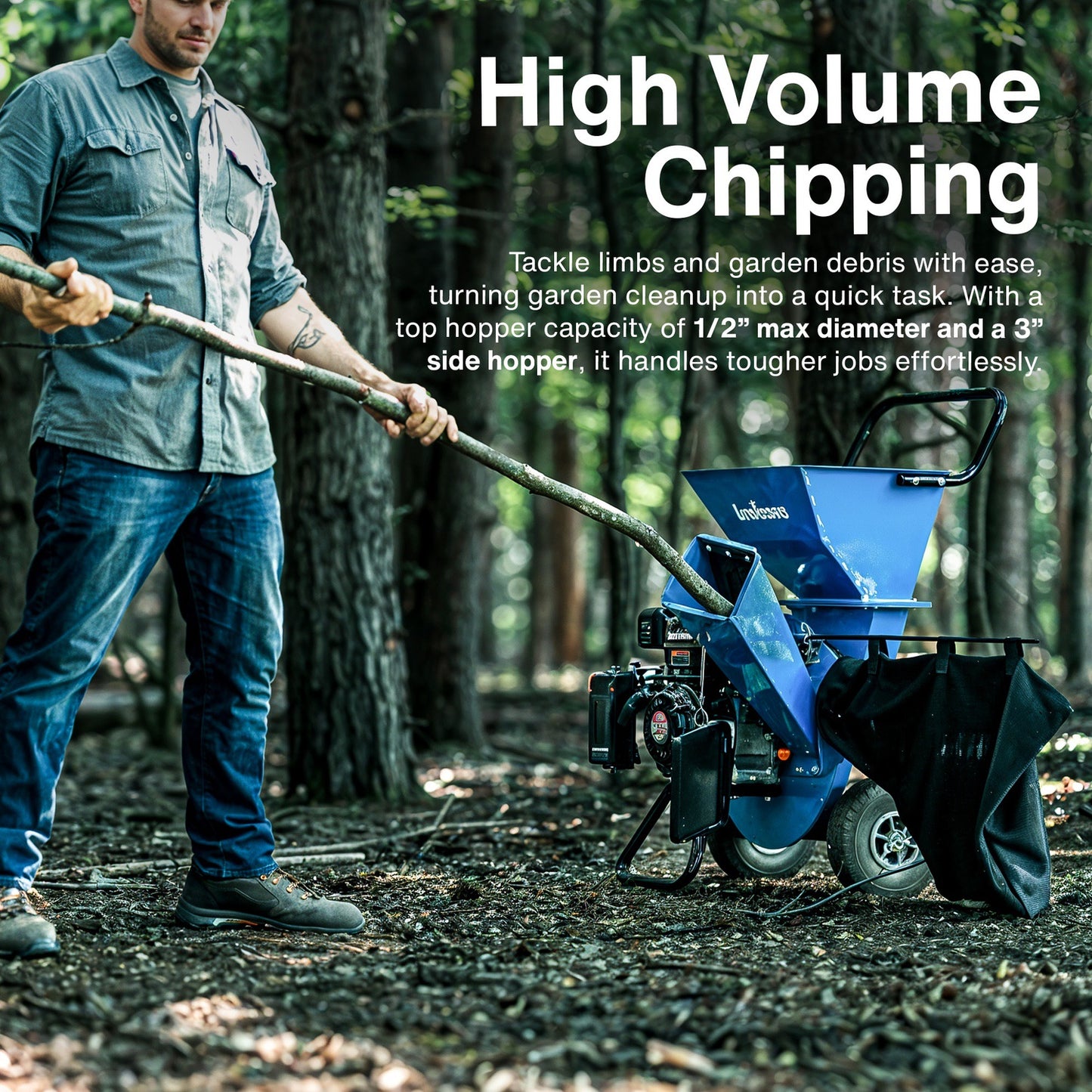 Landworks 3-in-1 Wood Chipper, Shredder, & Mulcher - 7HP Engine 3" Max Branch Diameter