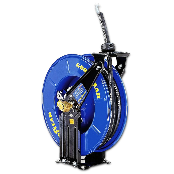 Goodyear Oil Hose Reel Retractable 1/2" Inch x 50' Foot Long Premium Commercial SAE 100R1AT Hose Max 2320 Psi Steel Construction Elite Heavy Duty Industrial Spring Driven Dual Arm and Pedestal