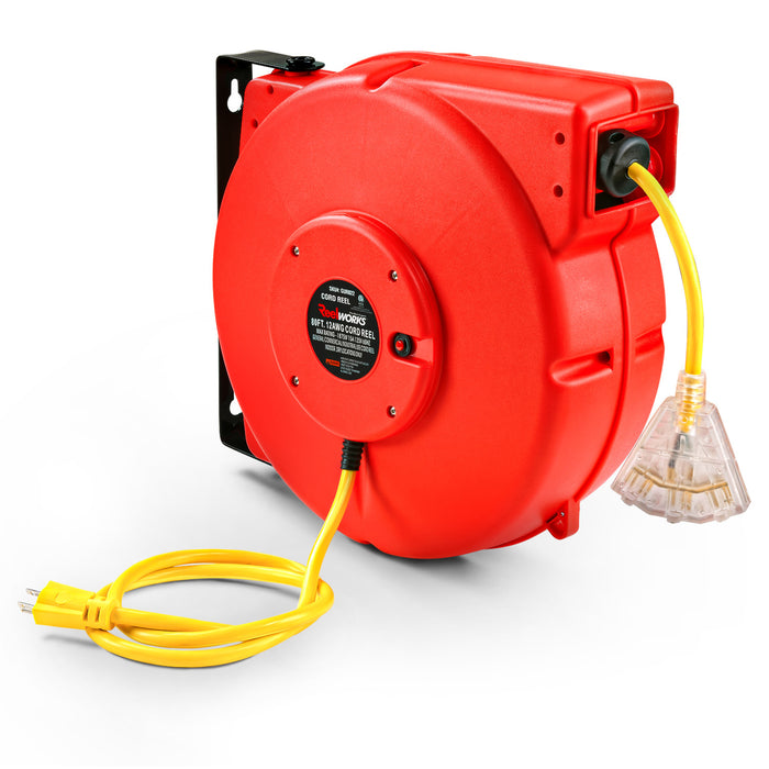ReelWorks Mountable Retractable Extension Cord Reel - 12AWG x 80' Ft, 3 Grounded Outlets, Max 15A