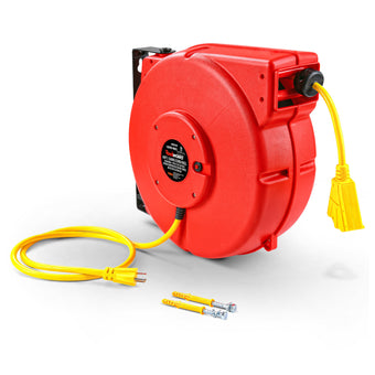 compare product ReelWorks Mountable Retractable Extension Cord Reel - 12AWG x 65' Ft, 3 Grounded Outlets, Max 15A