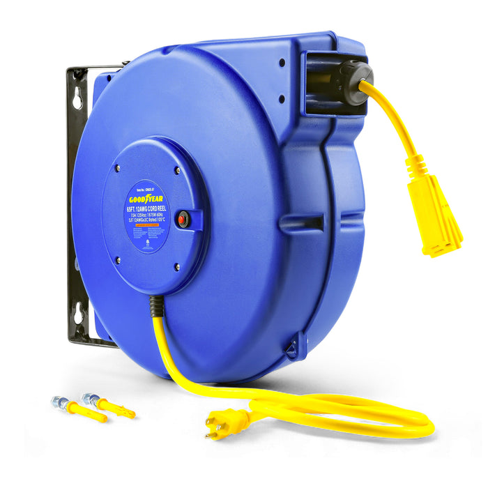 Goodyear Heavy-Duty Retractable Extension Cord Reel - 12AWG, 65' Length, Triple Tap Connector, 1875W Power