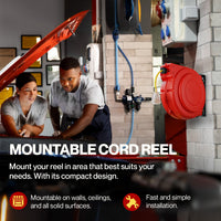 ReelWorks Extension Cord Reel - 12AWG x 80Ft, 3 Grounded Outlets, Max 15A - Mountable & Retractable