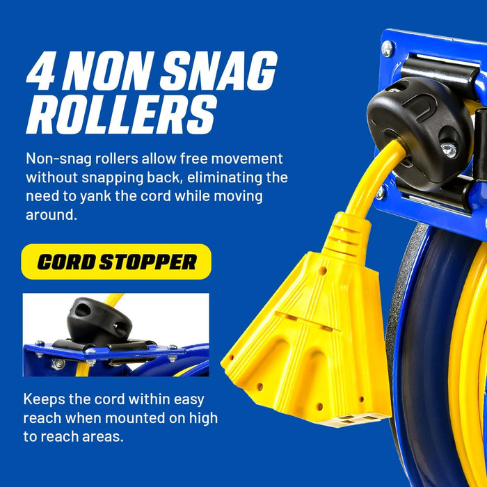 Goodyear Retractable Extension Cord Reel – Heavy-Duty Commercial Cable with Triple Tap Connector, Auto-Rewind & Wall/Ceiling Mountable (Industrial, 12AWG x 80 ft)