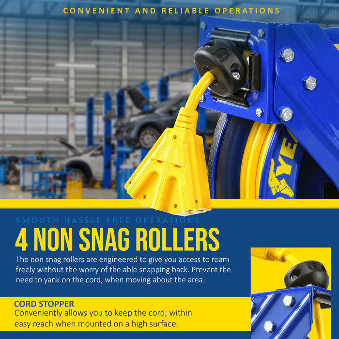 Goodyear Industrial Retractable Extension Cord Reel - 12AWG x 50' Ft, 3 Grounded Outlets, Max 13A