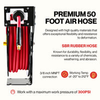 ReelWorks Air Hose Reel - 3/8" x  50FT, 1/4" Connections, Single Arm Mountable & Retractable