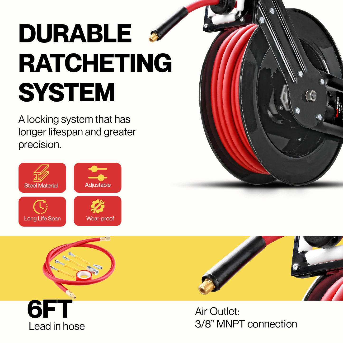 ReelWorks Air Hose Reel - 3/8" x  50FT, 1/4" Connections, Single Arm Mountable & Retractable
