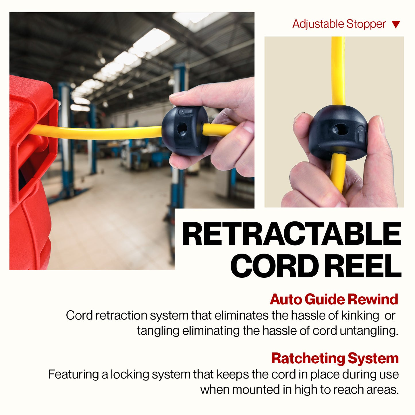 ReelWorks Mountable Retractable Extension Cord Reel - 12AWG x 65' Ft, 3 Grounded Outlets, Max 15A