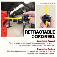 ReelWorks Mountable Retractable Extension Cord Reel - 12AWG x 65' Ft, 3 Grounded Outlets, Max 15A