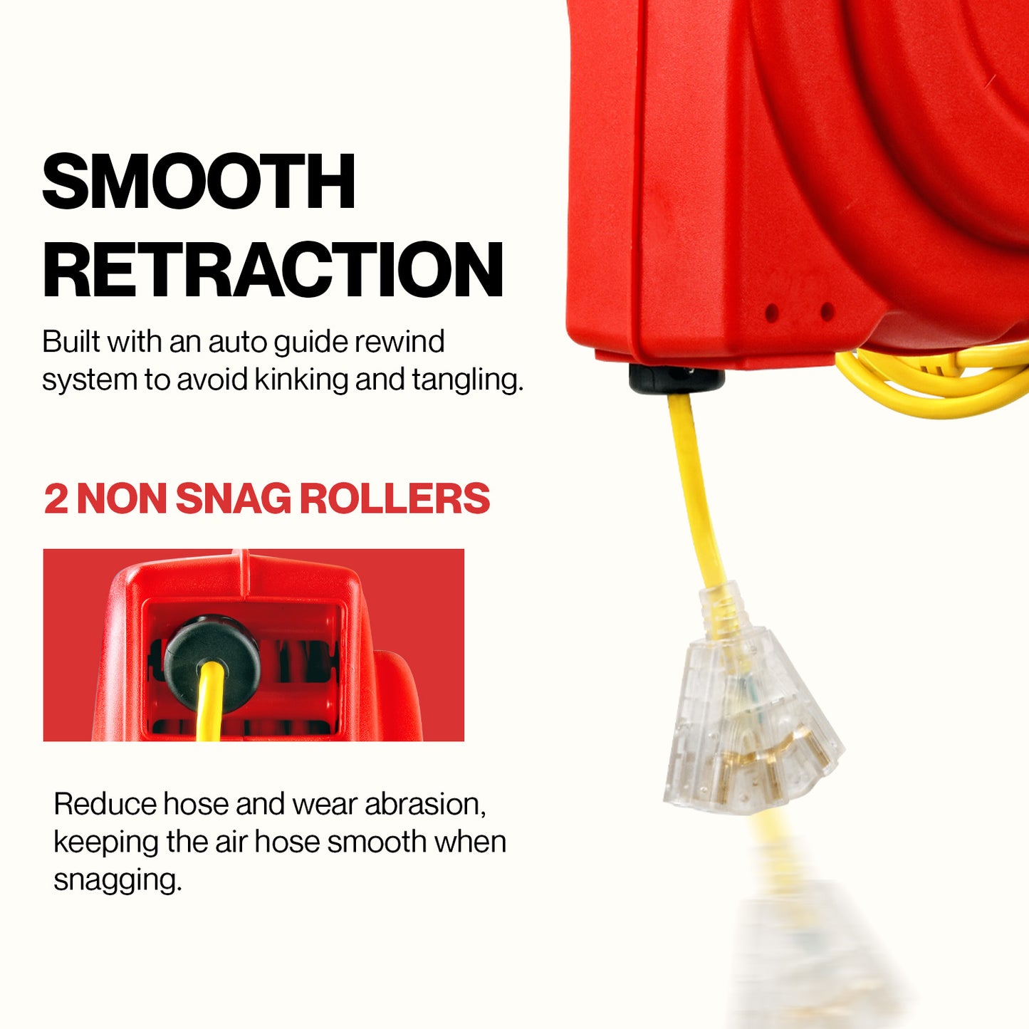 ReelWorks Extension Cord Reel - 12AWG x 80Ft, 3 Grounded Outlets, Max 15A - Mountable & Retractable