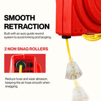 ReelWorks Extension Cord Reel - 12AWG x 80Ft, 3 Grounded Outlets, Max 15A - Mountable & Retractable