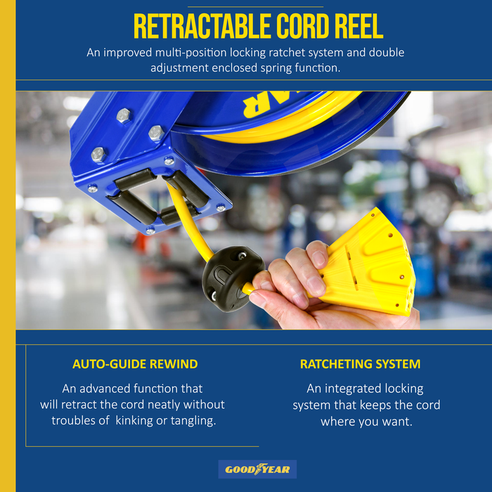 Goodyear Industrial Retractable Extension Cord Reel - 12AWG x 50' Ft, 3 Grounded Outlets, Max 13A