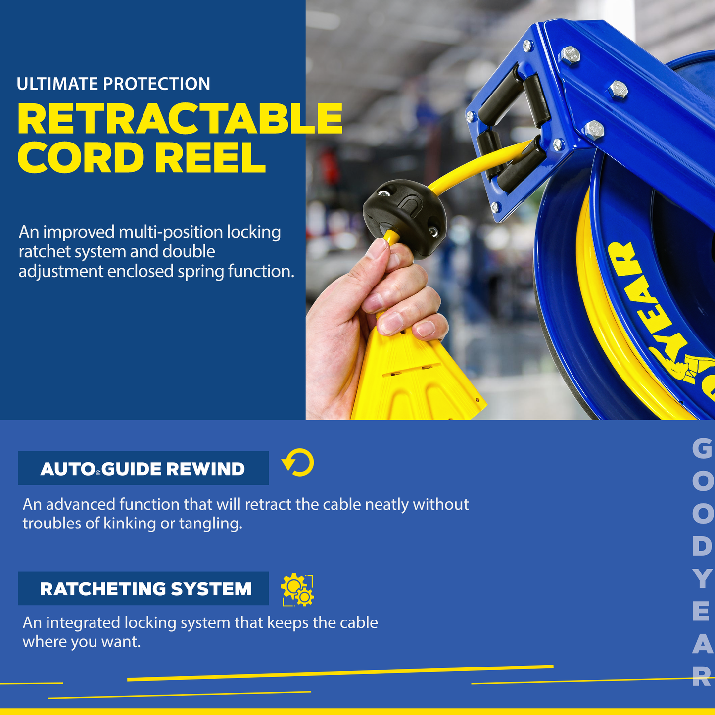 Goodyear Industrial Retractable Extension Cord Reel - 14AWG x 100' Ft, 3 Grounded Outlets, Max 13A