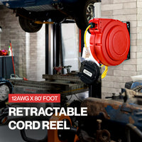 ReelWorks Extension Cord Reel - 12AWG x 80Ft, 3 Grounded Outlets, Max 15A - Mountable & Retractable