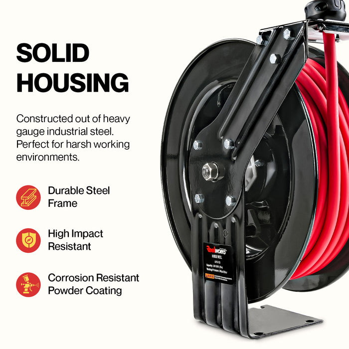 ReelWorks Industrial Retractable Air Hose Reel - 3/8" x  50'FT, 1/4" MNPT Connections, Single Arm
