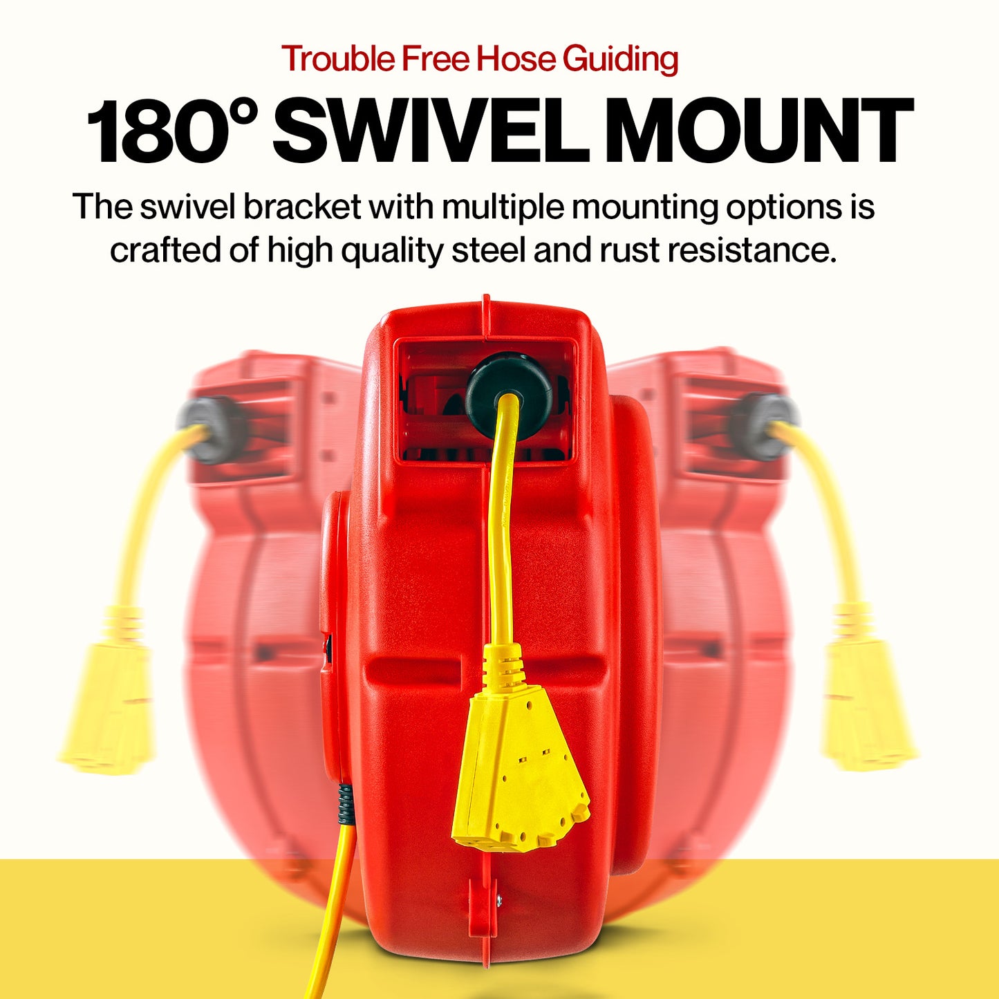 ReelWorks Mountable Retractable Extension Cord Reel - 12AWG x 65' Ft, 3 Grounded Outlets, Max 15A