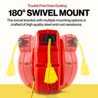 ReelWorks Mountable Retractable Extension Cord Reel - 12AWG x 65' Ft, 3 Grounded Outlets, Max 15A