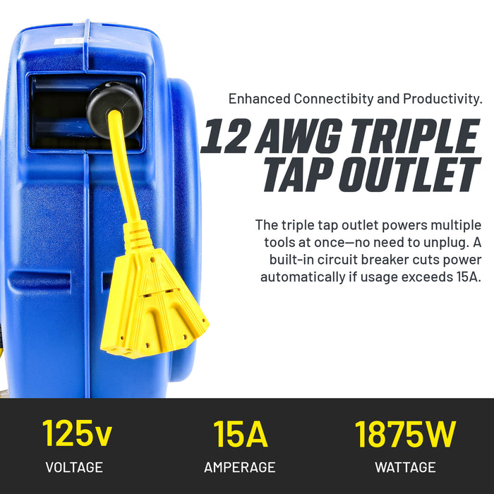 Goodyear Heavy-Duty Retractable Extension Cord Reel - 12AWG, 65' Length, Triple Tap Connector, 1875W Power