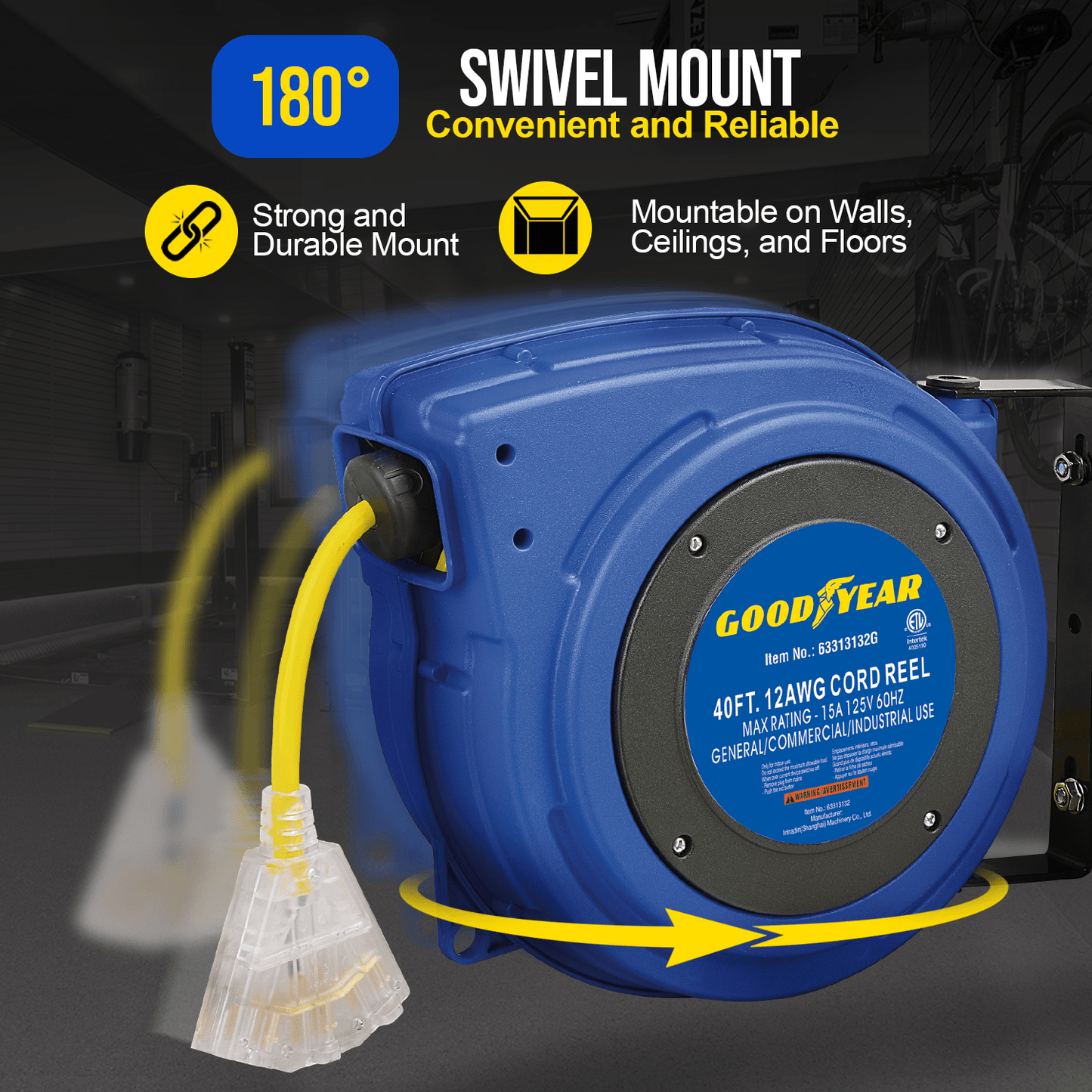 Goodyear Mountable Retractable Extension Cord Reel - 12AWG x 40' Ft, 3 Grounded Outlets, Max 15A Cord Reel
