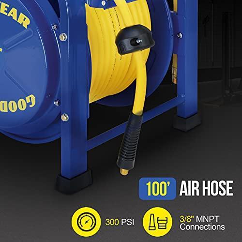 Goodyear Portable Industrial Retractable Air Hose Reel - 3/8" x 100' Ft, 3/8" MNPT Connections Air Hose Reel