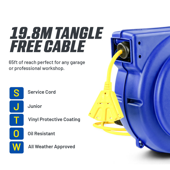 Goodyear Heavy-Duty Retractable Extension Cord Reel - 12AWG, 65' Length, Triple Tap Connector, 1875W Power