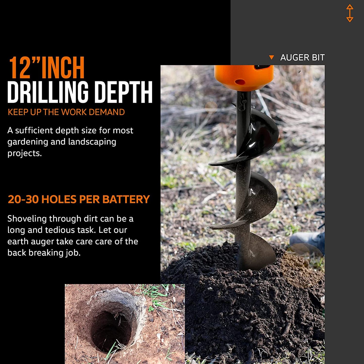 SuperHandy Electric Earth Auger and Drill Bit - 20V 4Ah Battery System, 12" x 3" Drill Bit, 3/4" Shaft Auger