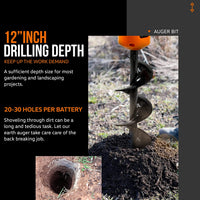 SuperHandy Electric Earth Auger and Drill Bit - 20V 4Ah Battery System, 12" x 3" Drill Bit, 3/4" Shaft Auger