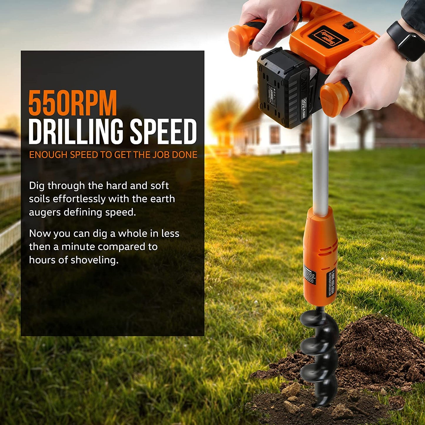 SuperHandy Electric Earth Auger and Drill Bit - 20V 4Ah Battery System, 12" x 3" Drill Bit, 3/4" Shaft Auger