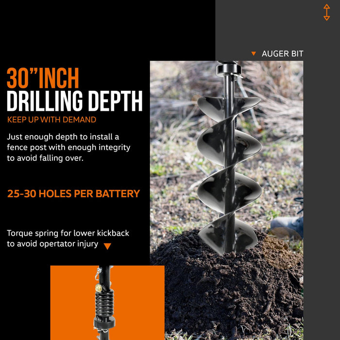 SuperHandy Electric Earth Auger and Drill Bit (Upgraded Design) - 48V 2Ah Battery System, 6" x 30" Drill Bit, 3/4" Shaft Auger
