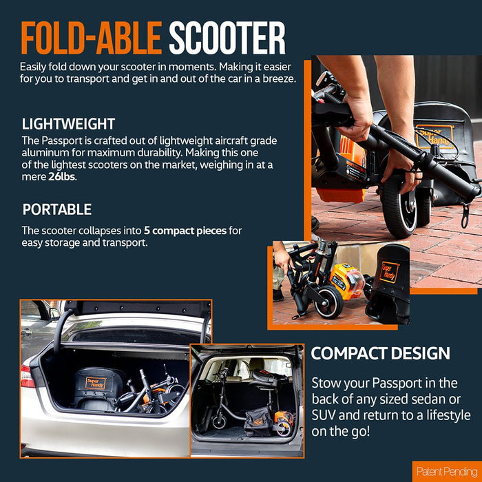 SuperHandy Foldable Mobility Scooter - "The PassPort" - Weighs only 35 lbs, 6.5 Mile Range, 48v Battery Powered (2x Batteries + Charger included) Mobility Scooter