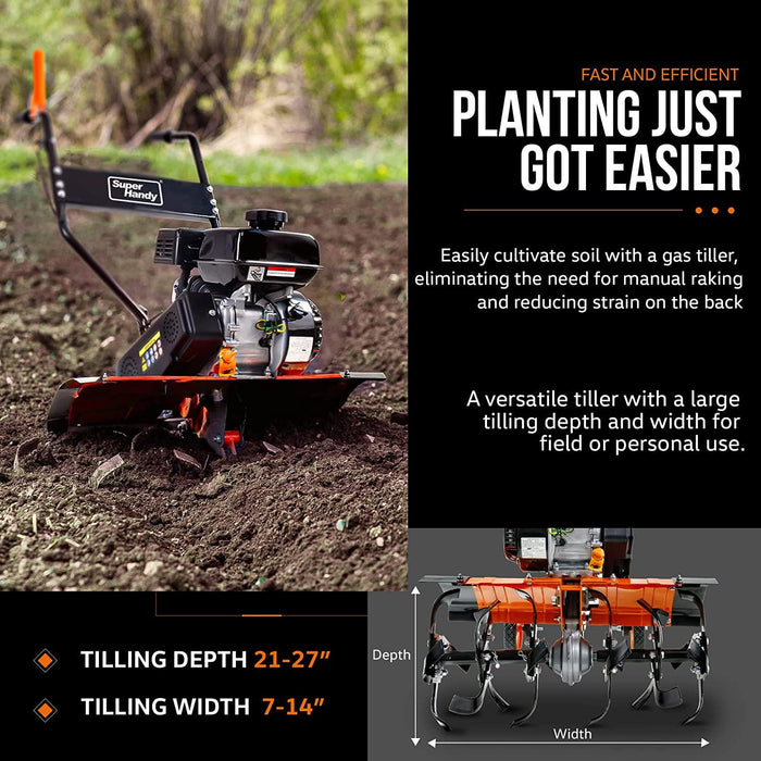 SuperHandy Heavy Duty Garden Tiller - 7HP Gas Engine, Adjustable Tines, 27" Tilling Width Tiller