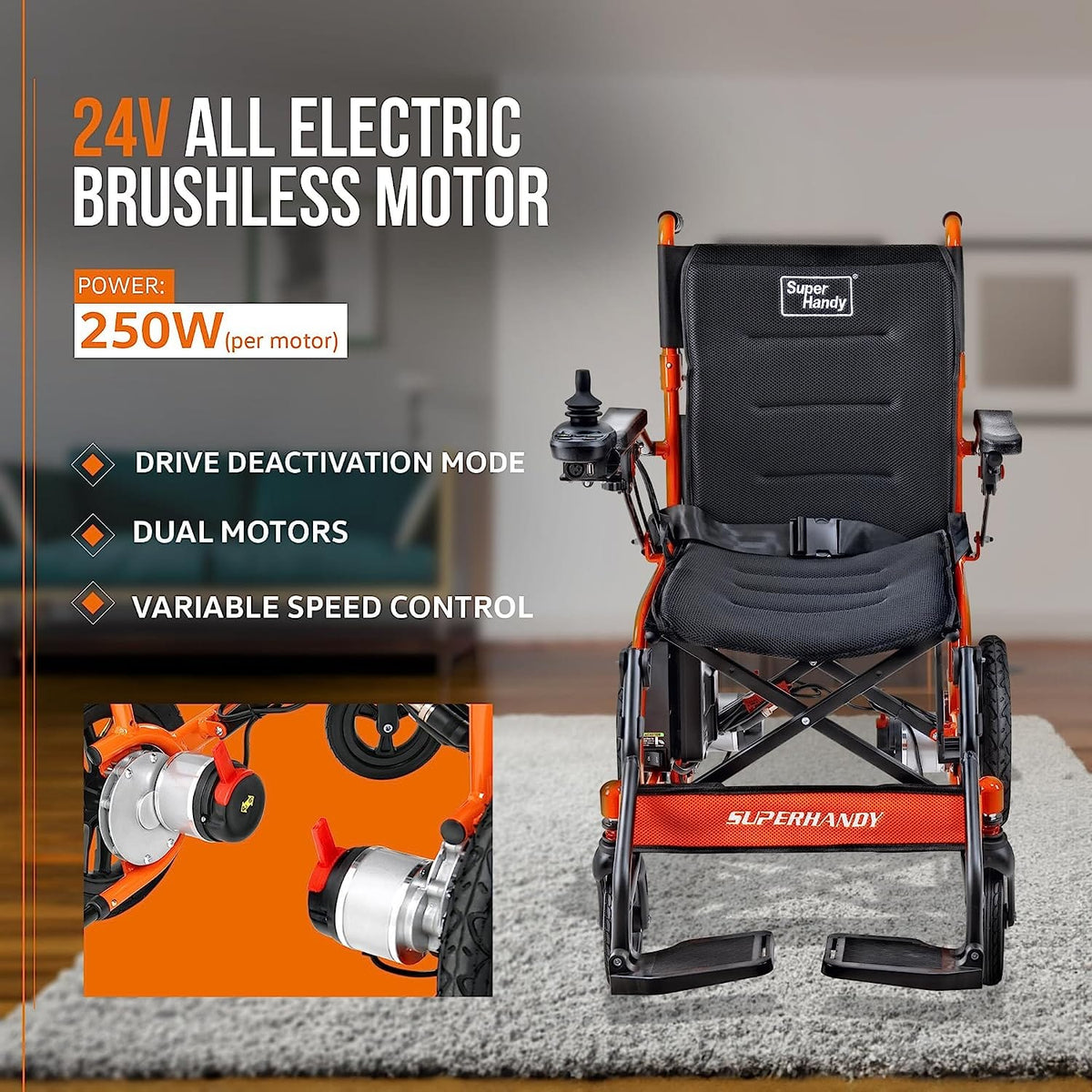 SuperHandy Lightweight Aluminum Electric Wheelchair - Foldable Design, Powerful 250W Brushless Motor, 4MPH Max Speed, 9 Degree Max Slope - Comfortable Hand Controls, Electromagnetic Braking Electric Wheelchair