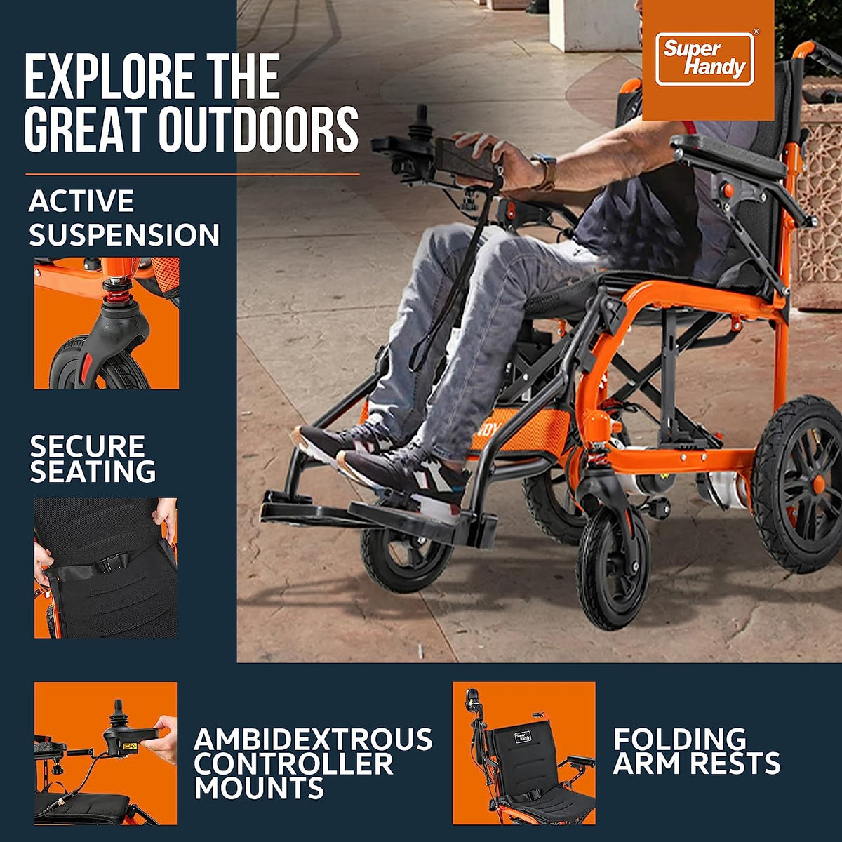 SuperHandy Lightweight Aluminum Electric Wheelchair - Foldable Design, Powerful 250W Brushless Motor, 4MPH Max Speed, 9 Degree Max Slope - Comfortable Hand Controls, Electromagnetic Braking Electric Wheelchair