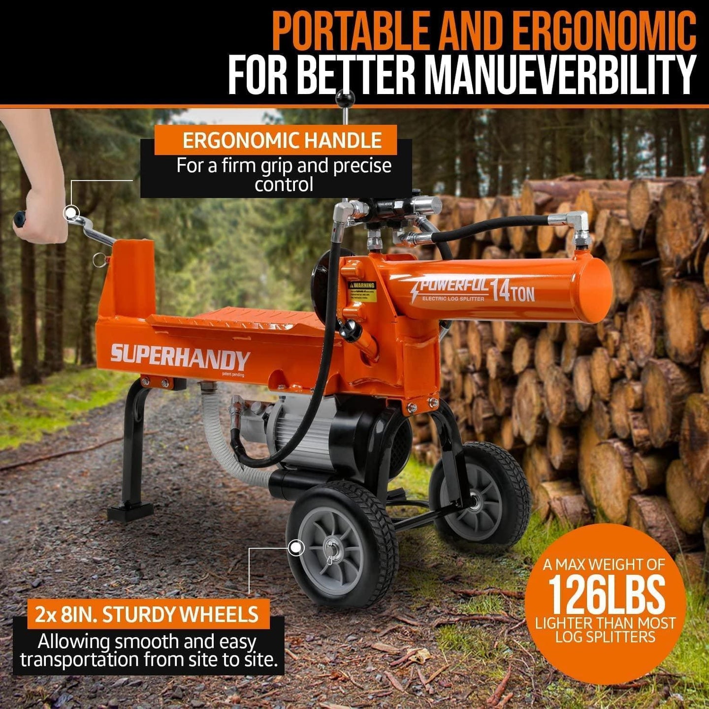 SuperHandy Portable Electric Log Splitter - 120V Corded, 14-Ton Hydraulic System, Max 14" Log Diameter Log Splitter