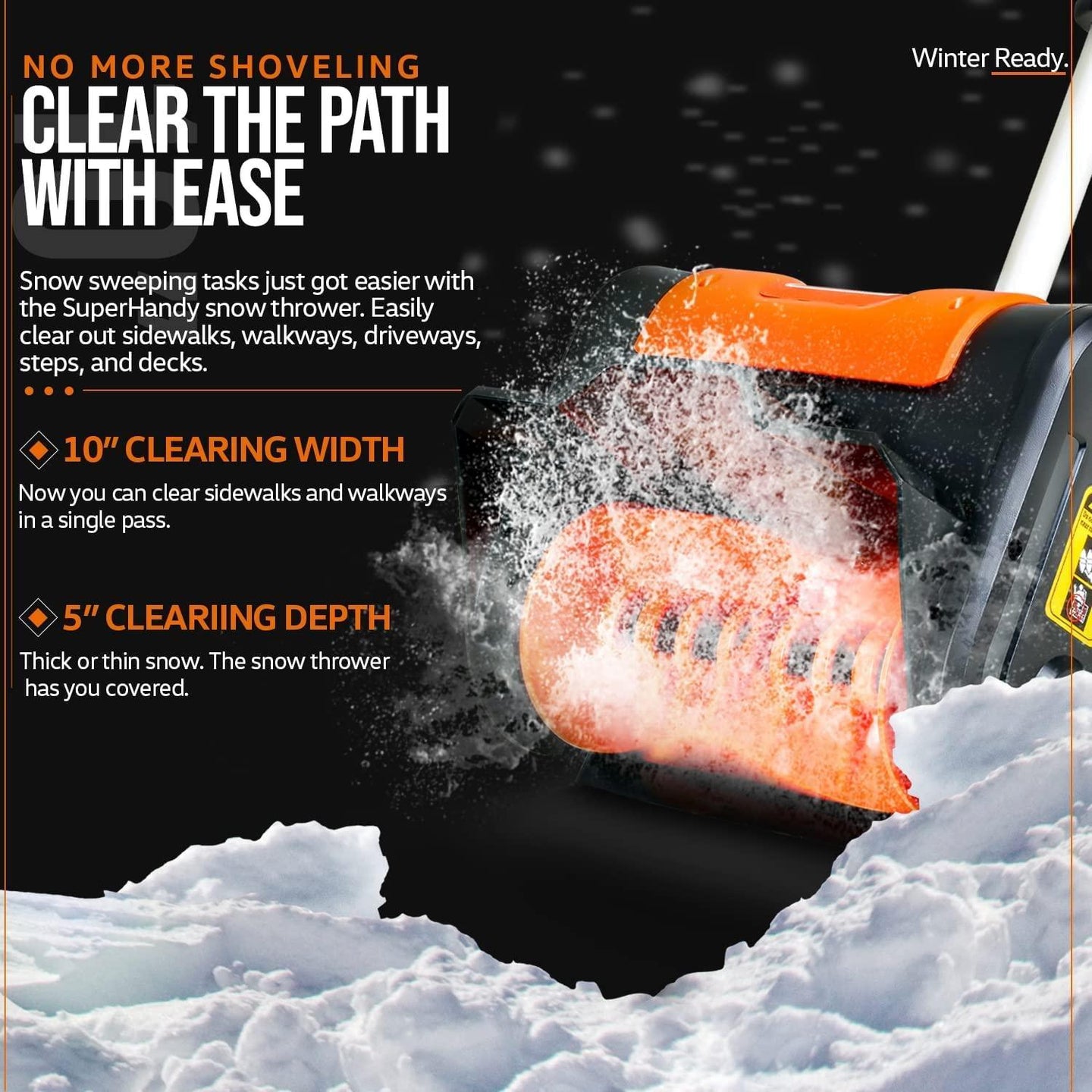 SuperHandy Portable Electric Snow Thrower & Shovel (Upgraded Battery) - 20V 4Ah Cordless Battery System (Orange) Snow Thrower
