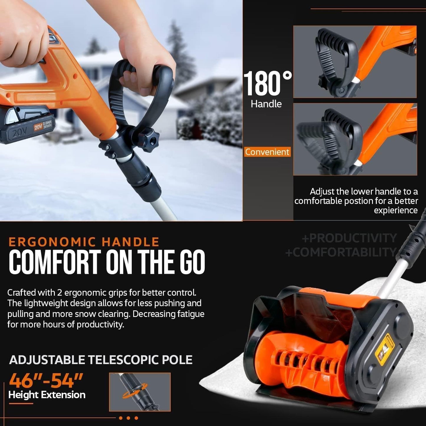 SuperHandy Portable Electric Snow Thrower & Shovel (Upgraded Battery) - 20V 4Ah Cordless Battery System (Orange) Snow Thrower
