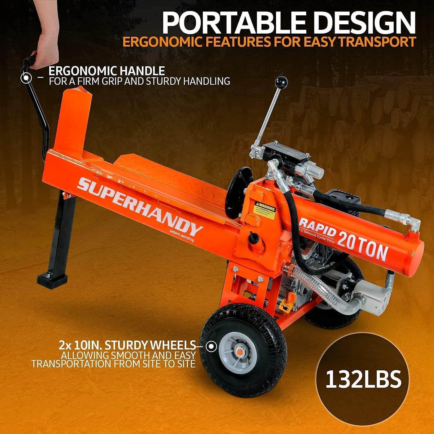 SuperHandy Portable Gas-Powered Log Splitter - 7HP 209CC 20 Ton Hydraulic System 16" Max Wood Diameter (Orange) Log Splitter