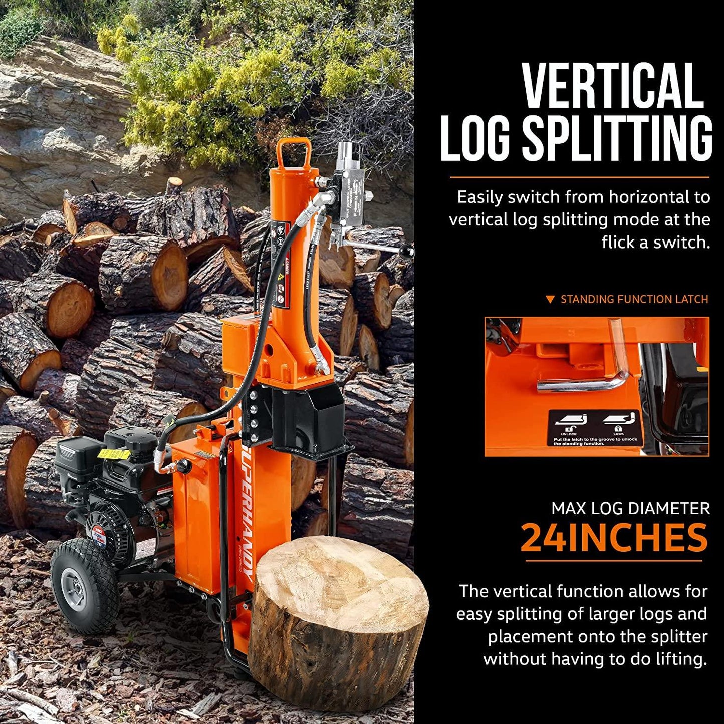 SuperHandy Portable Gas-Powered Log Splitter - 7HP 209CC 25 Ton Hydraulic System 16" Max Wood Diameter (Orange) Log Splitter