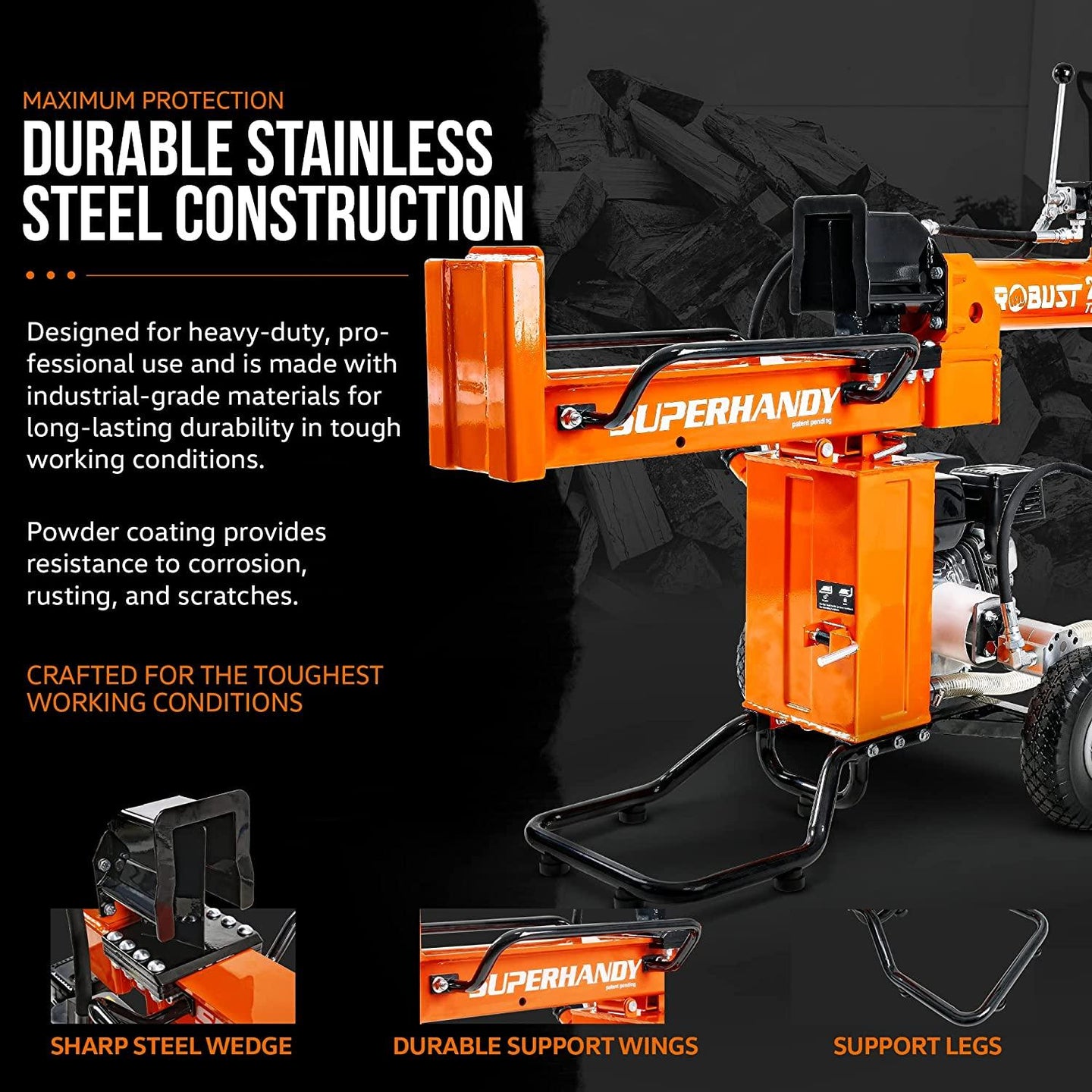 SuperHandy Portable Gas-Powered Log Splitter - 7HP 209CC 25 Ton Hydraulic System 16" Max Wood Diameter (Orange) Log Splitter