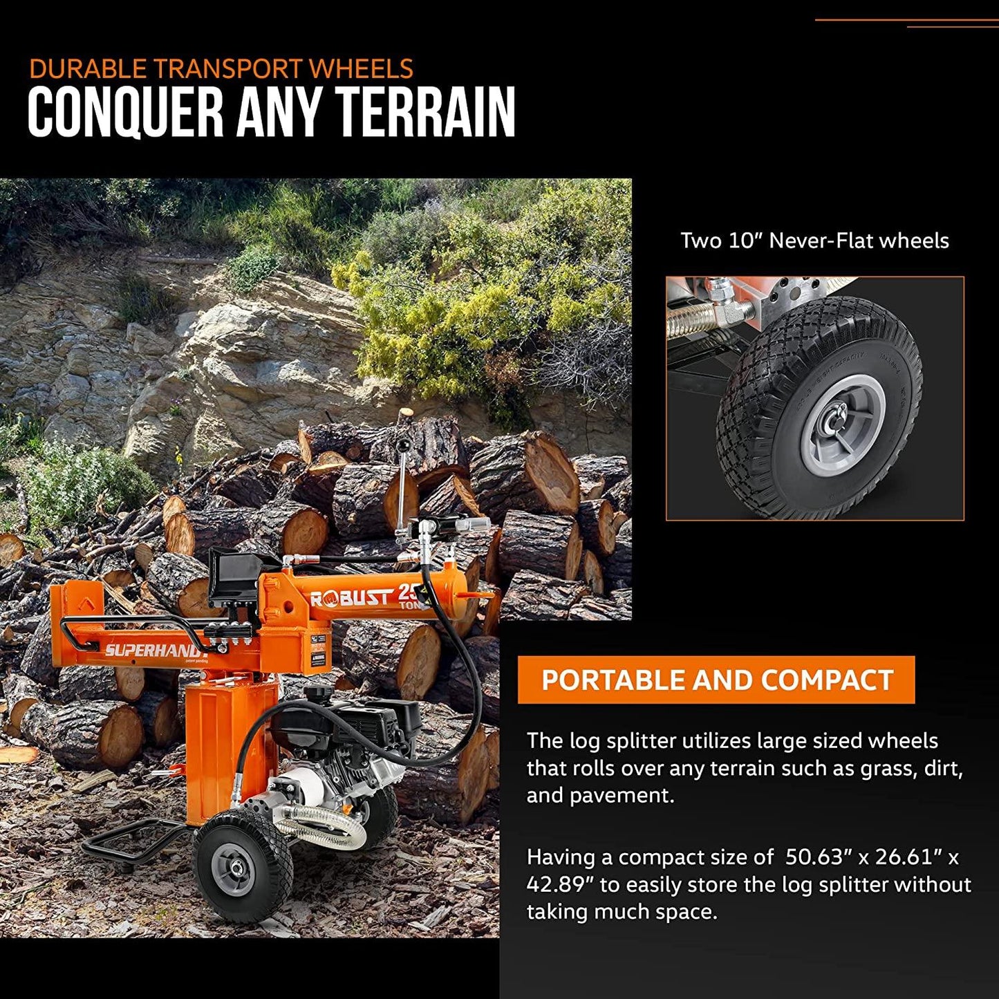 SuperHandy Portable Gas-Powered Log Splitter - 7HP 209CC 25 Ton Hydraulic System 16" Max Wood Diameter (Orange) Log Splitter