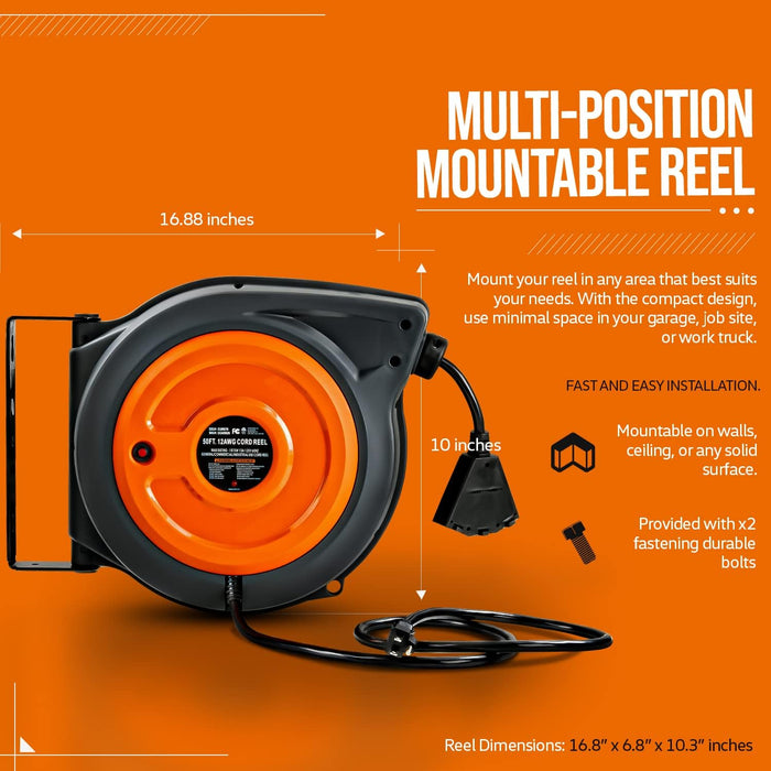 SuperHandy Retractable Extension Cord Reel - 12AWG x 50FT (Upgraded Design) Cord Reel