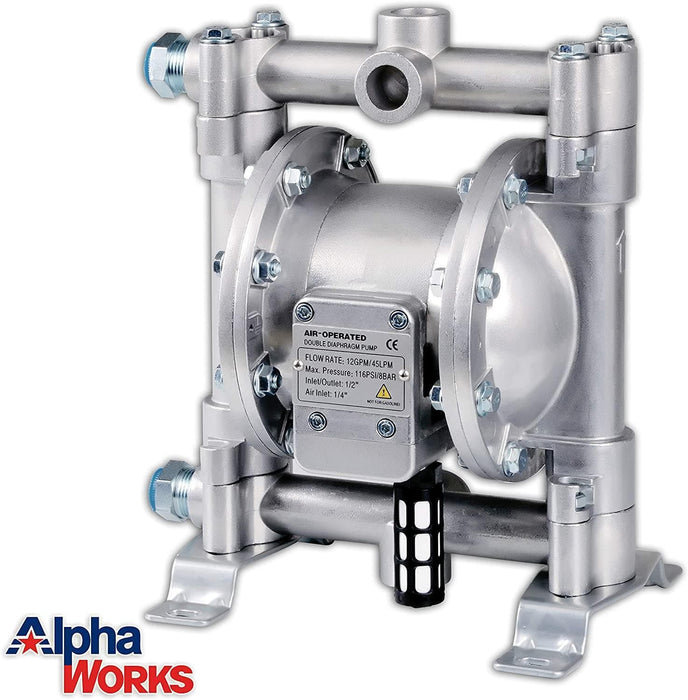 AlphaWorks Air-Powered Nitrile Double Diaphragm Transfer Pump - 12GPM, 1/2" In/Out, 1/4" NPT Air Inlet Diaphragm Pump