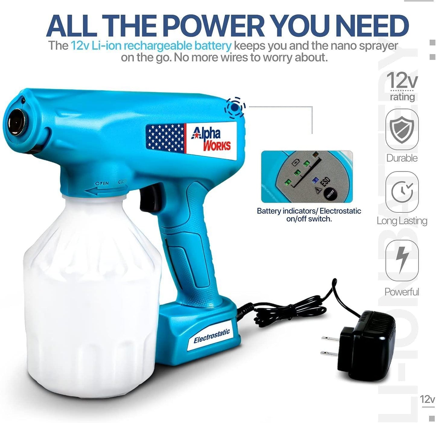 AlphaWorks Electric Handheld ULV Electrostatic Sprayer 12V 34Oz, For