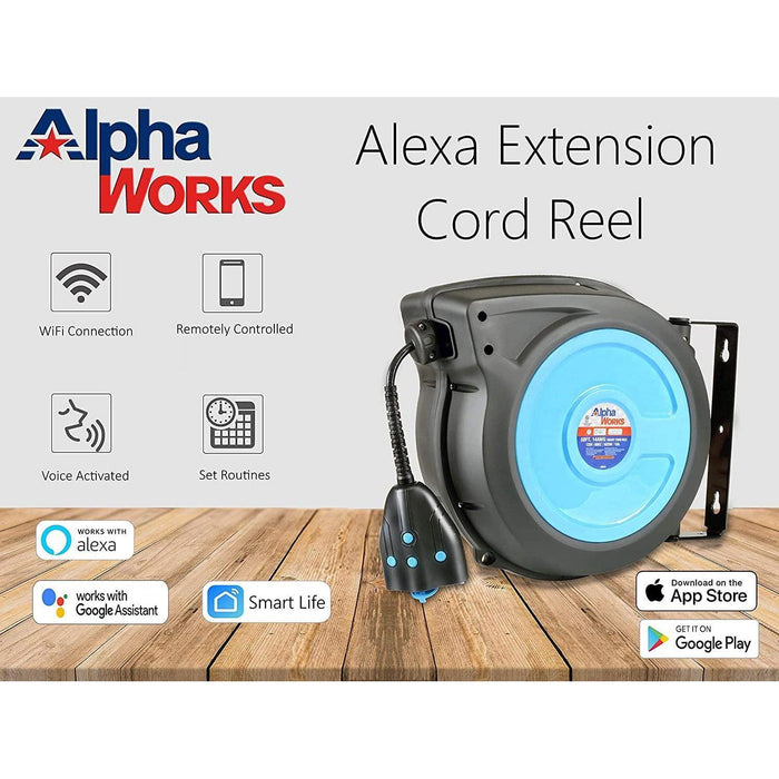 AlphaWorks Mountable Retractable Extension Smart Cord Reel (Alexa, Google Home Enabled) - 14AWG x 50' Ft Cord Reel