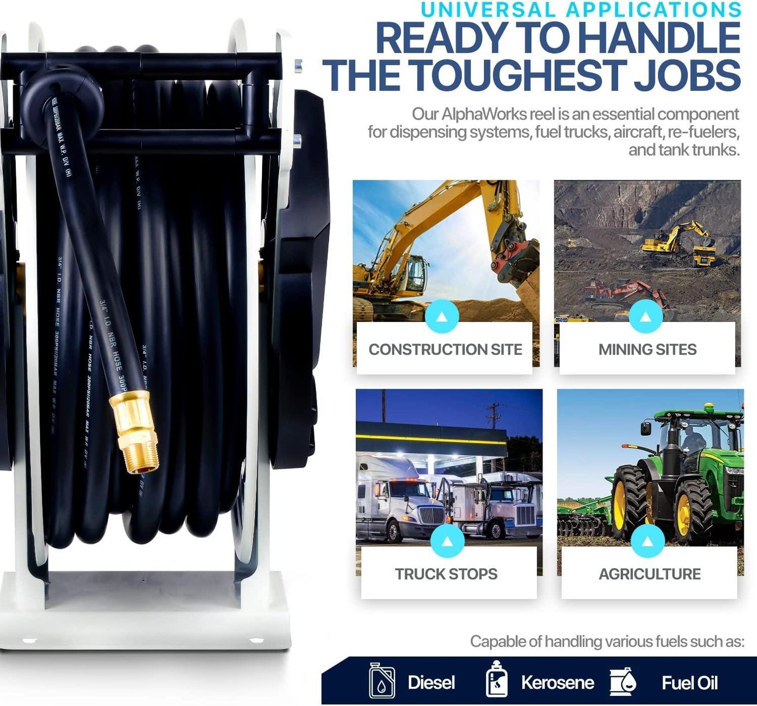 AlphaWorks Mountable Retractable Fuel Hose Reel 3/4" x 65' Ft, 300 M